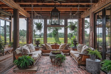 Elegant outdoor covered porch with brick flooring, featuring a sofa swing, vintage decor, leather chairs, fabric sofas, and potted ferns.