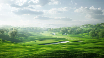 Obraz premium Golf course landscape with green hills and shady areas