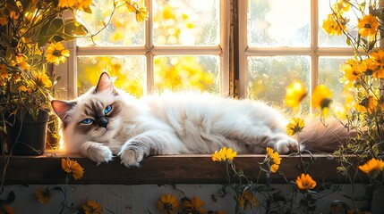 A cat laying on a window sill surrounded by yellow flowers