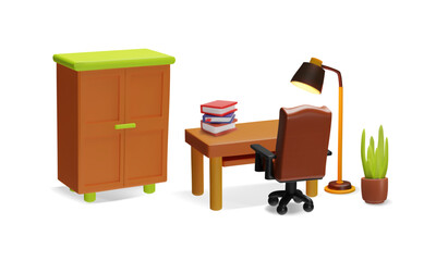 3d icons: a wooden cabinet, a computer table, a chair on wheels, books, a cactus