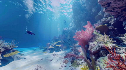 Scuba diving to see coral reefs under the deep sea,