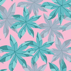 Tropical leaves on pink background, pattern illustration