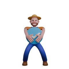 Male Rural Farmer 3D. A farmer is seen hugging a large blue circle with a white check mark symbol in the middle. Professional Illustration