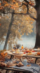 A picnic table is adorned with delicious food and drinks, surrounded by vibrant autumn leaves and a calm lake in the background