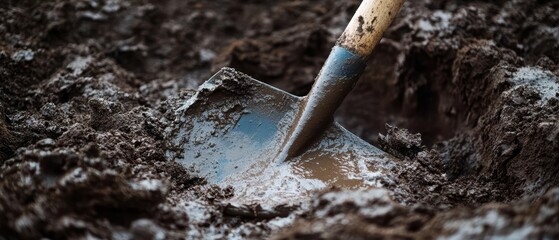 Close-up of a shovel digging into rich, dark soil.