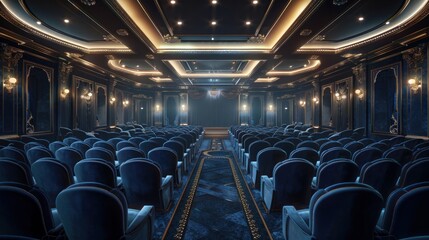 Fototapeta premium Elegantly designed auditorium with navy blue velvet chairs, bright lighting, high-end finishes, ambient lighting, luxurious decor.