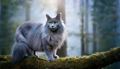 Nebelung cat with misty gray coat in fog-shrouded forest background, style mysterious. A portrait of a majestic long-haired cat, with piercing green eyes, standing tall and proud in a misty forest. 1