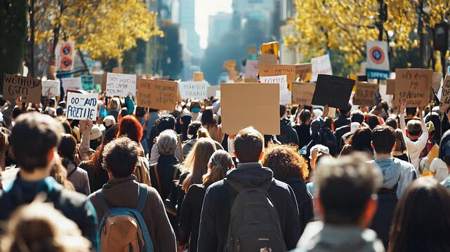 Diverse crowd of people carrying signs and banners in a protest march through city streets. Concepts of activism, social justice, and community efforts for change.