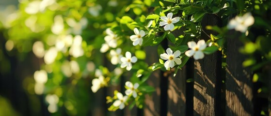 Obraz premium Close-up of white flowers blooming on a green vine against a wooden fence.