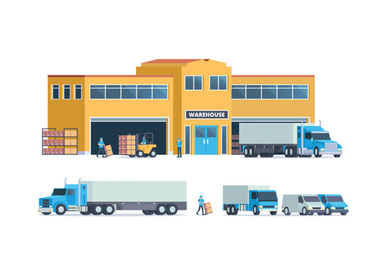 Modern flat Illustration of warehouse building, factory storage. truck and container. Warehouse Management, Logistic Management. vector illustration