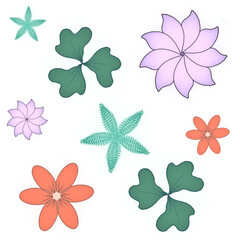 set of flowers and leaves