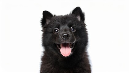 笑顔のスキッパーキの子犬のポートレート（Portrait of a smiling Schipperke puppy on white background）
