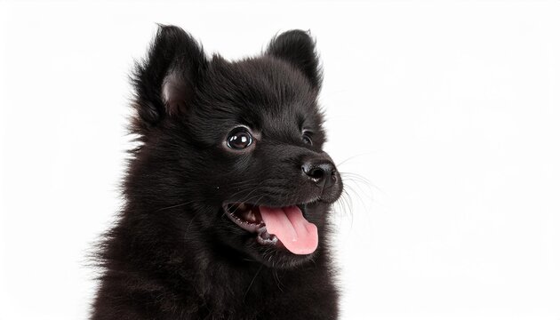 笑顔のスキッパーキの子犬のポートレート（Portrait of a smiling Schipperke puppy on white background）
