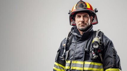 Fototapeta premium Firefighter in full gear on white background with copy space on the left, professional studio photo.