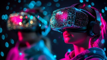 Woman in VR headset exploring a digital world.