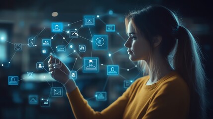 Woman Interacting With Digital Network.