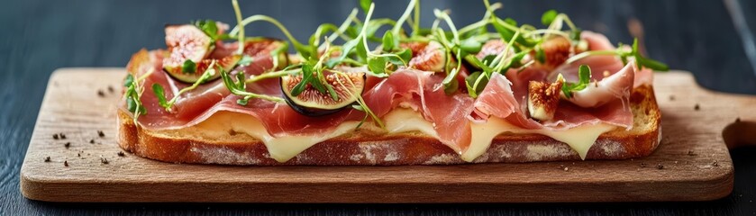 Elegant openfaced sandwich with prosciutto, fig jam, and brie cheese, garnished with microgreens, sophisticated and savory, HD quality