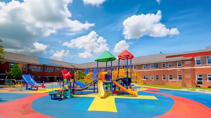 An elementary school playground with padded play surfaces, slides, monkey bars, and mazes, as well as a large brick building complex that houses the school building