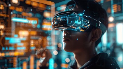 Data analytics with AR elements, person wearing AR glasses, floating data visualizations, high-tech office.