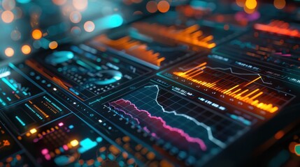 Real-time data analytics on a smart device, live updates, colorful visualizations.