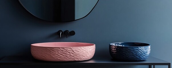 Modern minimalist bathroom sink duo in pink and navy blue with textured design