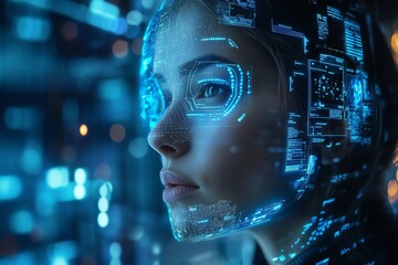 Woman with digital interface overlay.