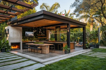 Fototapeta premium Elegant outdoor patio with black and white laser cut panels, wooden steps leading to a modern terrace with comfortable seating surrounded by plants, featuring a gray backdrop and a white arbor with a 