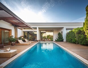 Fototapeta premium Piscina de lujo en un chalet villa mansión de estilo moderno con hamacas y césped, cama al aire libre, palmeras, vacaciones de lujo