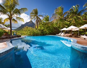 Fototapeta premium Piscina de lujo en un chalet villa mansión de estilo moderno con hamacas y césped, cama al aire libre, palmeras, vacaciones de lujo
