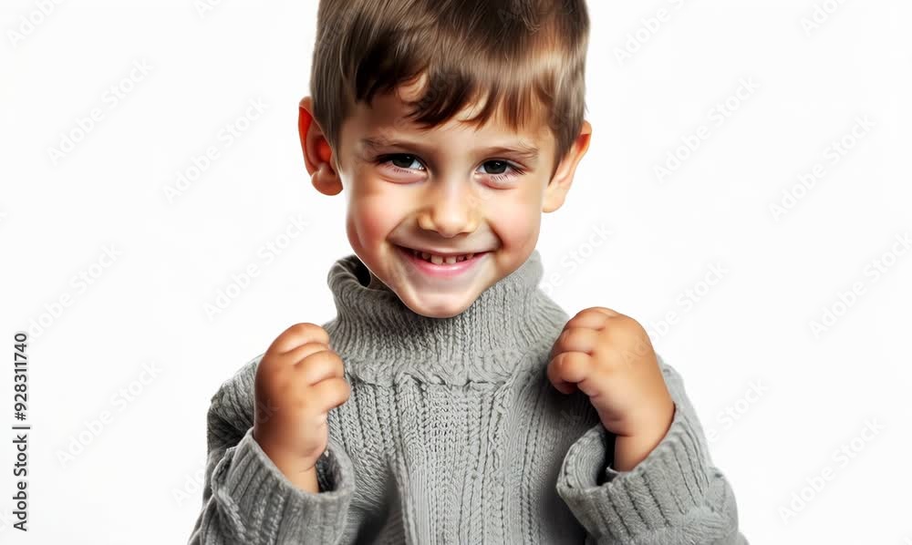 Poster Portrait of a smiling little boy in a gray sweater on a white background