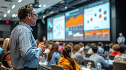 Obraz premium A professional development seminar with a speaker presenting a leadership workshop to an engaged audience.