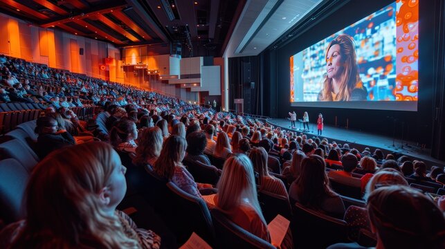 A motivational seminar with a keynote speaker inspiring an audience in a large auditorium.