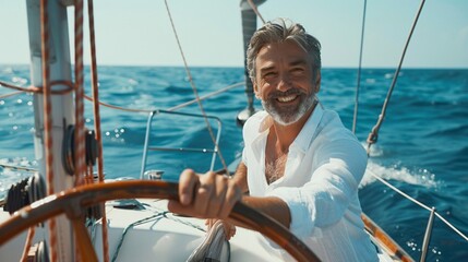 A smiling individual at the helm of a sailboat, enjoying the sunny day on the open sea.