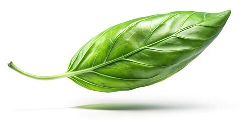 Falling basil leaves isolated on a white background, featuring their rich green color and fresh appearance