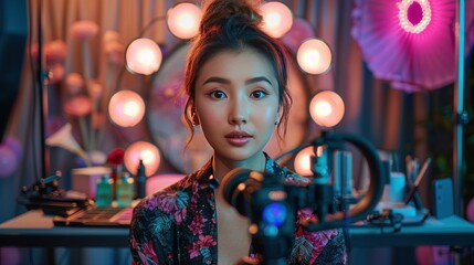 An Asian beauty blogger demonstrating contouring techniques in a stylish setup.