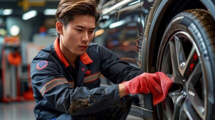 A professional detailing a car?s wheels in a high-tech detailing shop.