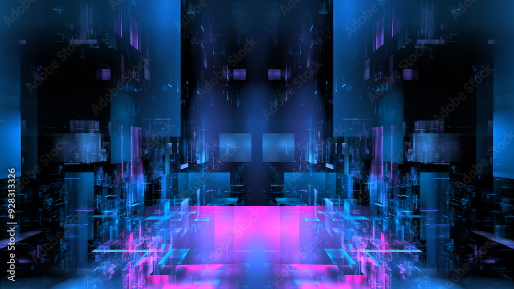 Poster vivid display of abstract patterns and bright colors representing a futuristic environment with lumi