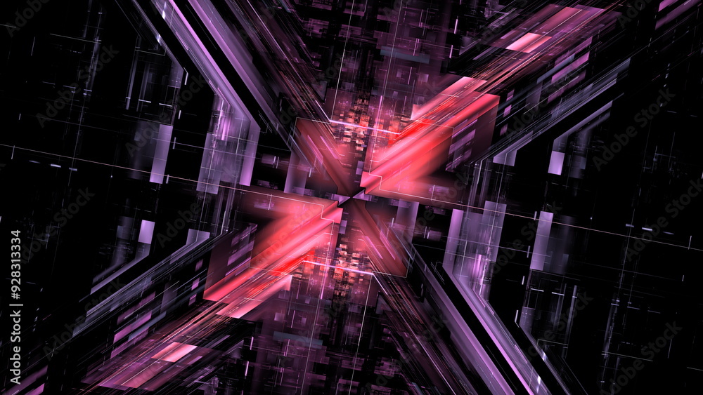 Fototapete Dynamic patterns of red and purple intersecting in a complex geometric design create a striking visual effect in an abstract, futuristic environment. 3d render