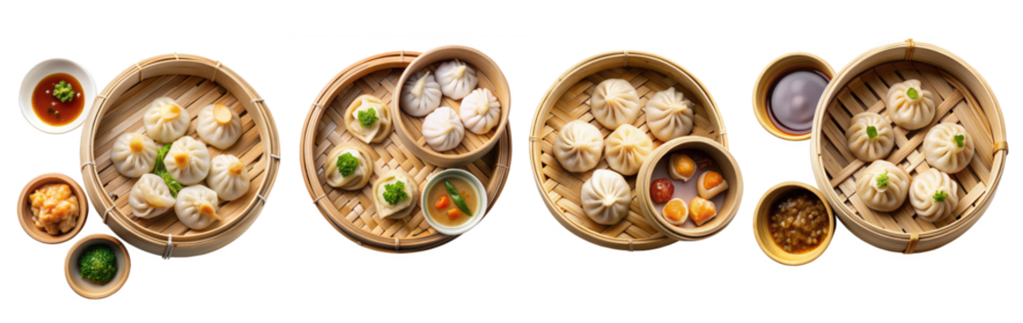 Various Dim Sum in Bamboo Steamers with Assorted Sauces on Transparent Background