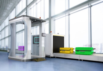 Airport security checkpoint with security gates and scanner machine