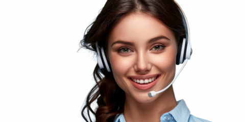 A woman wearing a headset and smiling