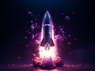 A striking 3D render of a vibrant blue rocket launching into a dark space background.