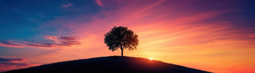 Silhouette of a tree against a colorful sunset sky.