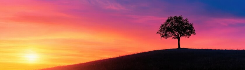 Obraz premium Silhouette of a tree against a vibrant sunset sky.
