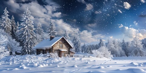 Naklejka premium Rustic wooden cabin surrounded by snow-laden trees under a starry winter sky.