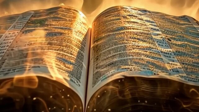 open bible against a calm background with bright sunshine