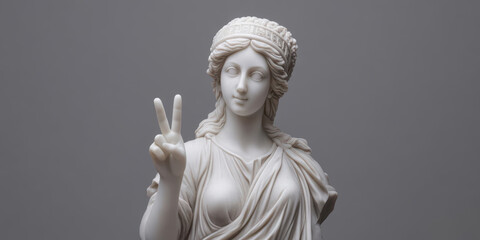 Closeup of a white marble statue of a woman with her hand raised in a peace sign.