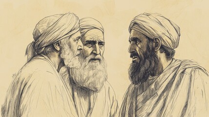 Fototapeta premium Biblical Illustration of Elders Discussing the Implications of Ahaziah’s Death in 2 Chronicles, Concern Over Athaliah’s Influence and Kingdom Stability, Beige Background