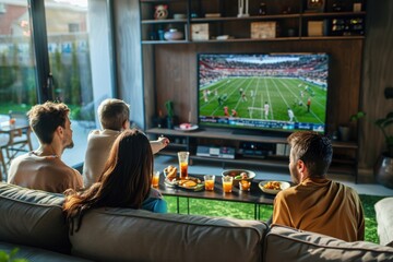 A family is watching a football game on a large television