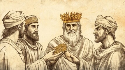 Fototapeta premium Biblical illustration of elder David presenting a golden crown to Solomon, with his other sons watching, highlighting the moment of royal succession and leadership in a solemn beige background